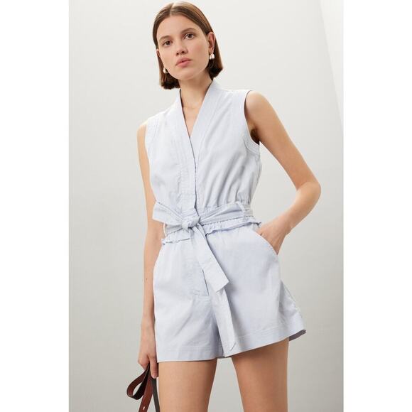 DEREK LAM x RTR Blue Light Cotton Sleeveless Tie Waist Romper Size 36 - Picture 2 of 14